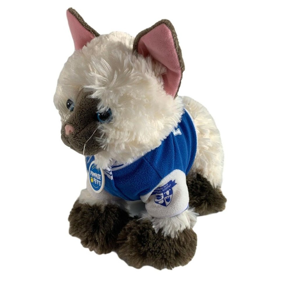 Build a Bear Promise Pet White Brown Cat Transformer Sounds Plush Blue Sweater